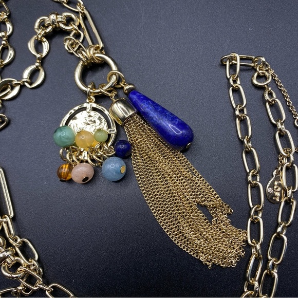 LOFT Long Goldtone Chain Dangle Charms Lapis Lazuli Natural Stones - Picture 5 of 5